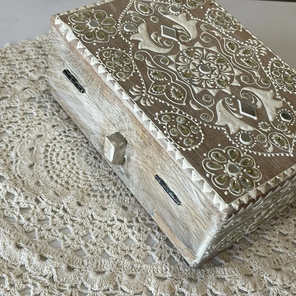 Handcrafted Indian Mango Wood Keepsake Box Ornate Painted Storage Chest Boho